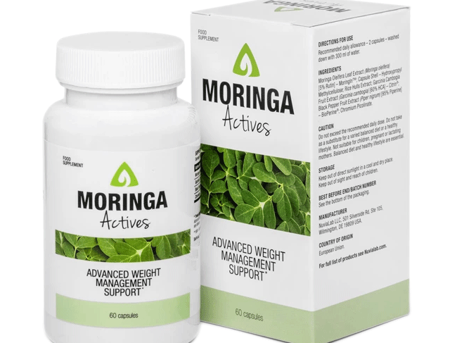 Bottle and box of Moringa Actives advanced weight management support capsules for dietary supplement use.
