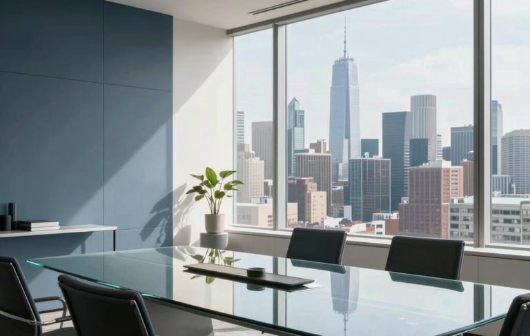 High-end, minimalist corporate office interior in a North American skyscraper overlooking a city skyline. Soft daylight illuminates a clean space with slate blue accents, a glass conference table, and professional decor, exuding a results-driven and innovative atmosphere.