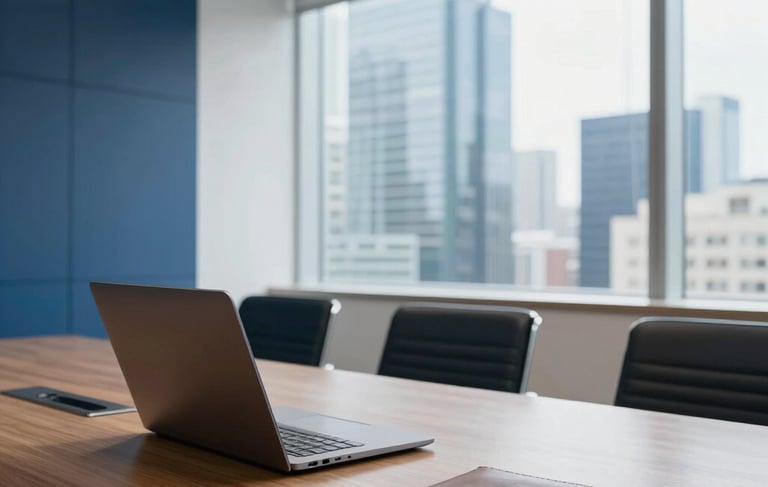 Interior of a modern executive meeting room in Mexico City with large windows overlooking skyscrapers. A clean wooden table holds a sleek laptop and a leather notebook. The atmosphere is professional, sober, and bright, with deep blue and white accents in the decor.