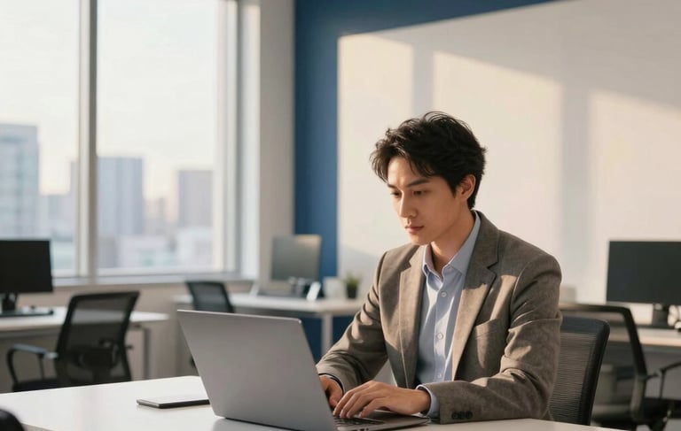 A professional, high-tech North American office scene. A focused business leader in smart-casual attire works at a minimalist desk with a premium laptop. The background shows a clean, modern workspace with white walls, dark blue accents, and floor-to-ceiling windows overlooking a city skyline at golden hour.