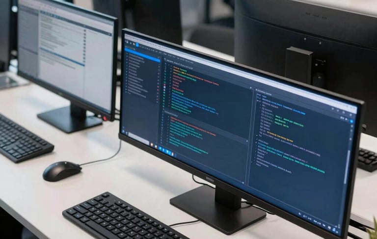 A professional European French IT support desk environment. A high-angle photograph showing a clean, modern workspace with multiple high-resolution monitors displaying server status dashboards and code. The lighting is bright and natural. The color palette features deep navy blue and steel blue accents, emphasizing technical reliability and professional efficiency.