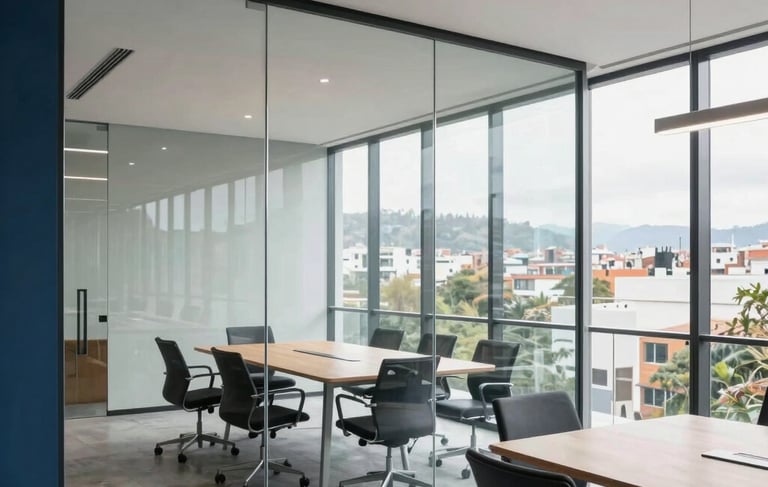 A bright, modern architectural office interior in Bogota, Colombia. Soft daylight illuminating a clean, professional meeting space with glass walls and minimalist furniture. Professional atmosphere. Palette includes steel blue and light grey accents.