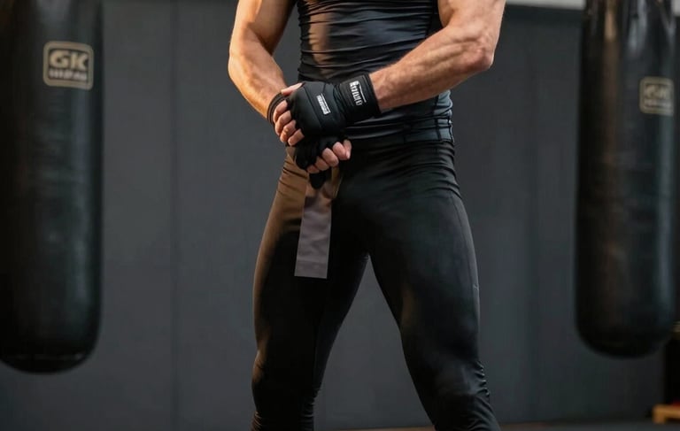 A cinematic, high-performance photograph of a male combat athlete wrapping his hands in a dark, premium MMA gym. He is wearing long black training leggings that fully cover the knees and a dark grey compression top. Global / Performance Athletics. The lighting is dramatic and moody, with gold and off-white highlights on his silhouette. The background is a clean, masculine space with heavy bags and dark grey walls.