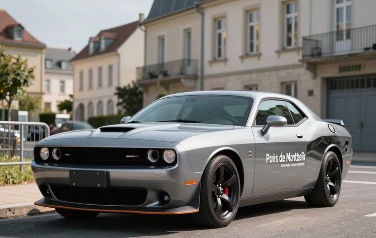 A professional photography shot of a sleek Dodge Challenger RT V8 5.7 with custom advertising decals, parked on a clean street in the Pays de Montbéliard, France. The architecture of the region is visible in the background under bright, modern daylight. Composition is focused on the front three-quarters of the vehicle, emphasizing its powerful stance and premium marketing potential.