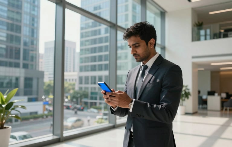 A high-end, contemporary corporate lobby in a major South Asian business district. A professional individual is standing near a large glass window, interacting with a smartphone that shows a vibrant blue interface. The space is filled with bright, natural light, reflecting a modern and innovative fintech atmosphere with white and blue interior design elements.