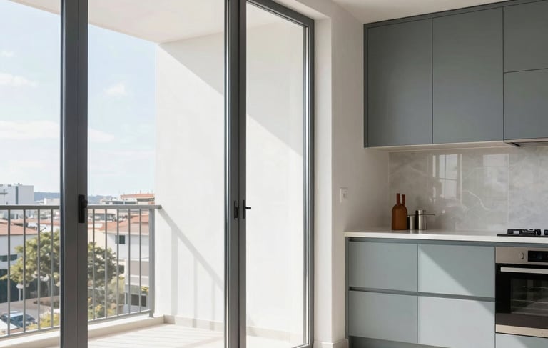 Professional architectural photography of a bright, newly renovated modern apartment in Spain. The scene features high-quality steel-framed window installations and a clean kitchen layout with sage gray and steel blue accents. Natural sunlight fills the room, highlighting the clean lines and expert craftsmanship of the renovation.