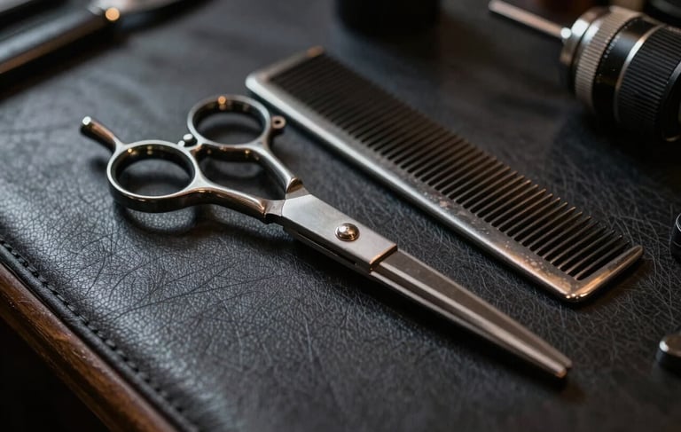 Premium close-up photography of vintage barber shears and a metallic comb resting on a dark leather surface. Moody atmosphere with soft directional lighting. European / Romanian barber shop setting. Colors include charcoal black and silver grey accents.