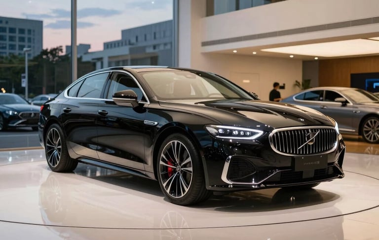 A high-end, modern car dealership showroom in a North American city at dusk. A polished black luxury sedan is centered, reflected on a pristine white floor. Soft gold ambient lighting highlights the sharp aerodynamic lines of the vehicle. Direct, professional photography, wide-angle shot.
