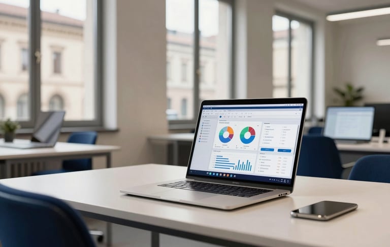 A high-end professional digital agency workspace in Milan, featuring a sleek desk with a modern laptop showing analytics, set against a backdrop of European architectural windows. The atmosphere is clean, authoritative, and sophisticated, reflecting European / Italian Chinese business excellence. Lighting is bright and natural with cream and deep blue color tones.