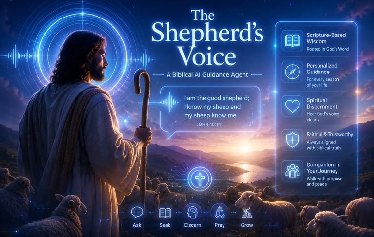 Jesus as the Good Shepherd with sheep and a digital interface for The Shepherd's Voice Biblical AI guidance agent.