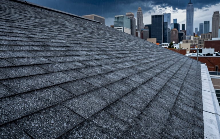 A low-angle professional photograph of a reinforced high-durability roof with dark gray storm-resistant shingles. Rain droplets are visible on the surface under a dramatic navy blue storm sky over the New York City skyline. The lighting is moody, highlighting the structural strength of the materials. North American / US - New York City.