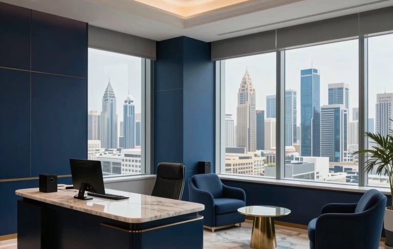 A high-end real estate office interior in the Middle Eastern / Gulf region, featuring sophisticated dark blue and mist blue accents. The setting includes large windows looking out over a modern city skyline, polished marble surfaces, and warm, professional ambient lighting that conveys trustworthiness and luxury.