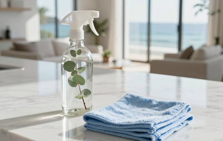 A premium residential cleaning setup in a high-end North American home. Close-up shot of a pristine, sparkling white marble kitchen countertop reflecting natural light. On the counter, a luxury glass spray bottle with fresh eucalyptus and a neatly folded soft microfiber cloth in light coastal blue. In the soft-focus background, a bright and airy living space with tall windows letting in a coastal breeze. Professional, clean, and reliable atmosphere, beautiful sunlight.