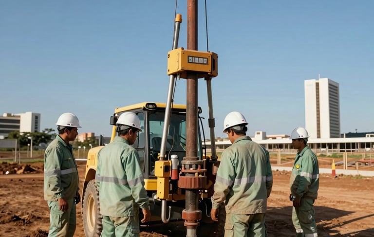 A professional wide-angle photograph of a soil drilling rig operating on a construction site in Brasilia. South American / Brazilian workers in sage green safety uniforms and white hard hats are supervising the drilling process. The background shows the clear blue sky and modern architecture of the Distrito Federal. The lighting is bright and clear, emphasizing professionalism and precision.