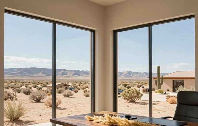A high-end architectural photograph of a modern rustic office interior in the North American Southwestern US. Large windows look out onto a sun-drenched desert landscape. The room is decorated with minimalist tan and cream textures, and a dark brown wooden desk holds samples of golden Rhodes grass.