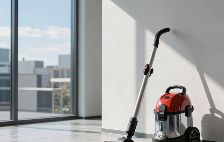 Clean, modern office lobby in Berlin, Mitteleuropäisch, with sunlight hitting a polished floor. Professional cleaning equipment like a high-end vacuum cleaner stands neatly in the corner. Minimalist aesthetic, bright sky blue and soft gray tones.