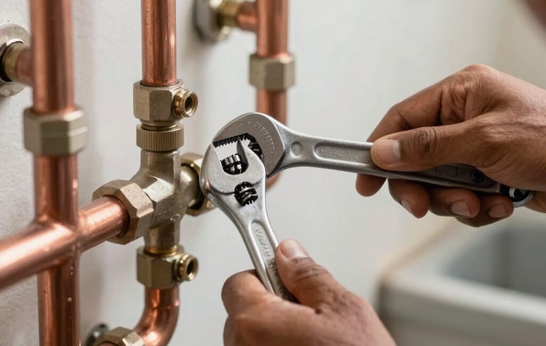 Close up shot of a professional technician's hands in a South American / Brazilian residential setting, using a specialized wrench on a modern copper gas pipe system. The lighting is clean and bright, showing high-quality metal fittings and a tidy workplace, reflecting a professional and trustworthy service.