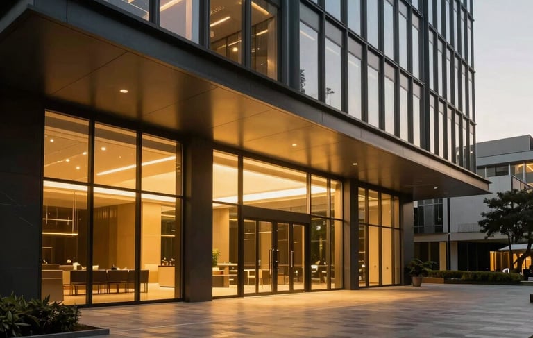A professional wide-angle photography of a luxury modern architectural office exterior in Sandton, Johannesburg. The building features glass and steel with warm gold interior lighting reflecting onto the pavement. The mood is minimalist and sophisticated, capturing the strategic growth of a South African business.