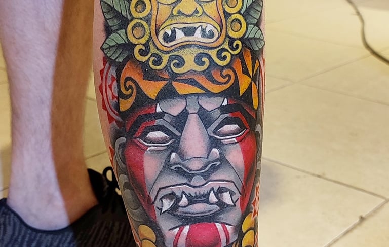 Pre Colombus God - Peruvian Moche culture. Katarsis Tattoo, premium studio in Miraflores