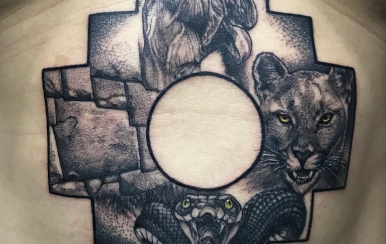 Andean trilogy and cross Chacana tattoo. top tattoo artist in Miraflores Lima