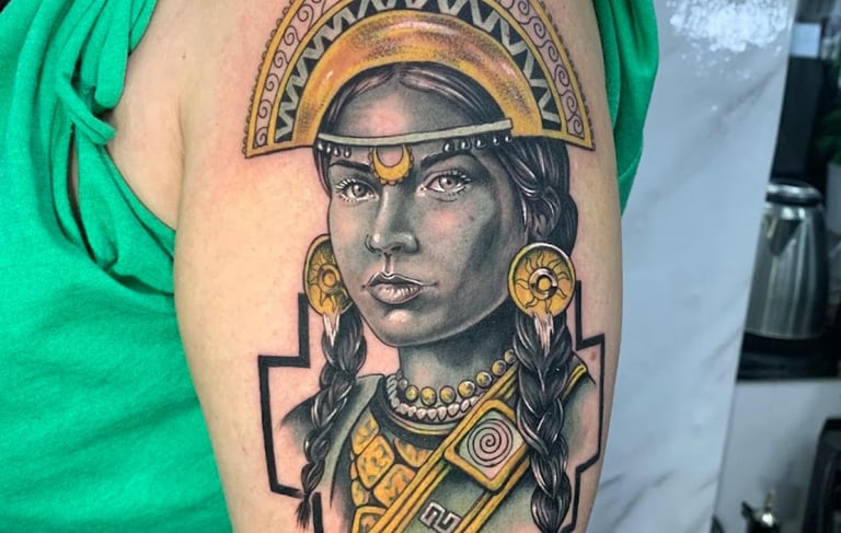 Inca princess tattoo on the arm of a woman. Created in Miraflores for international client.