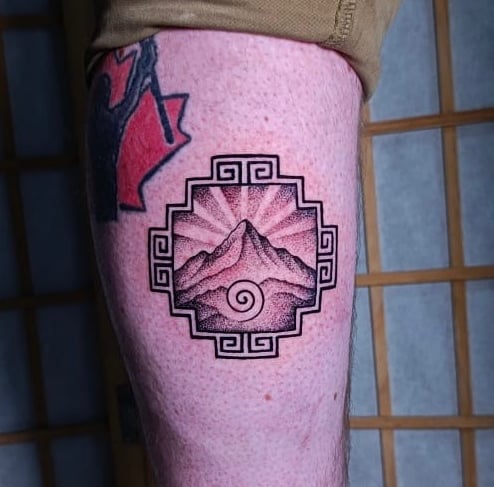 Peruvian Andean cross Tattoo in the leg. Custom piece by Katarsis Tattoo Perú