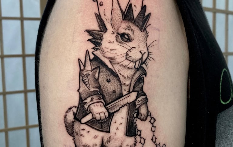 punk music fanatic rabbit with leather jacket and chains. 