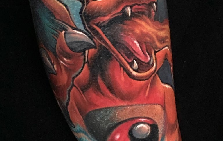 Pokemon color Tattoo on the arm. top tattoo artist in Miraflores Lima.