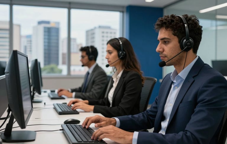 Photography of a modern, high-tech tele-service corporate office in São Paulo, Brazil. Professional South American staff wearing sleek headsets work at organized white desks. Soft blue and dark navy interior accents, large windows overlooking a city skyline. Professional lighting, cinematic depth of field.