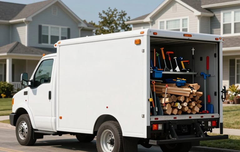 A professional, clean white service truck for property maintenance parked on a paved North American suburban street. The truck is neatly organized with tools and firewood in the back. Clear daylight, sharp focus, capturing a reliable and efficient atmosphere. The scene features Soft White and Slate Blue tones in the background architecture.