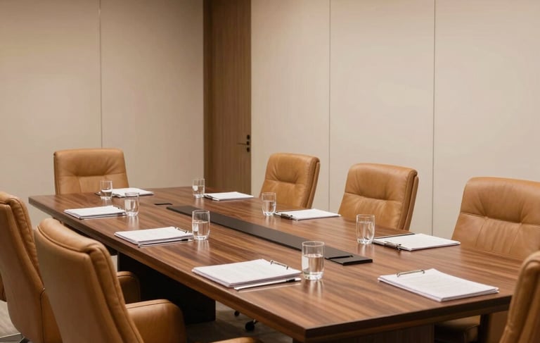 Photography of a modern and sophisticated executive meeting room in Porto Alegre, South American / Brazilian style. The interior features warm tan leather chairs, dark brown wooden tables, and cream walls. Natural soft lighting creates a professional and credible atmosphere for a leading agricultural association.
