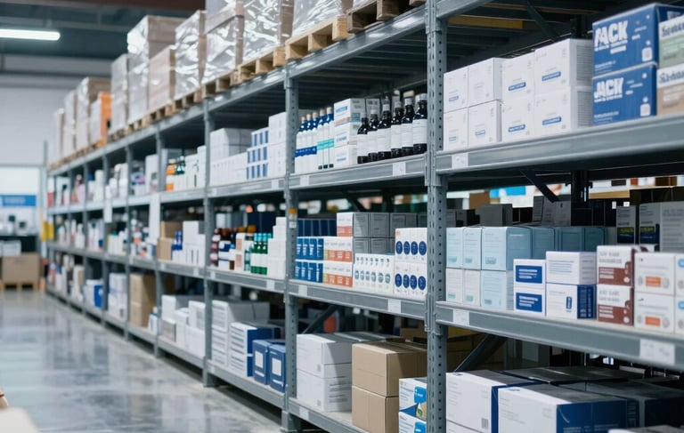 A professional and clean photography of a modern South American / Brazilian wholesale distribution center warehouse. The image shows tall, organized metal shelving units filled with various boxed general merchandise, under bright, clinical LED lighting. The floor is polished concrete, reflecting the efficient and trustworthy atmosphere. Palette of navy blue and light grey-blue tones dominates the scene.