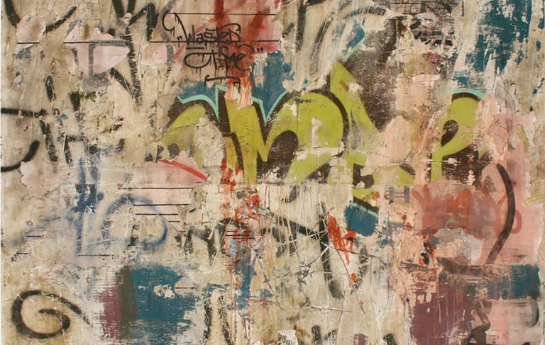 Abstract urban mixed media painting with layers of street art graffiti, torn paper, and textured acrylic paint.