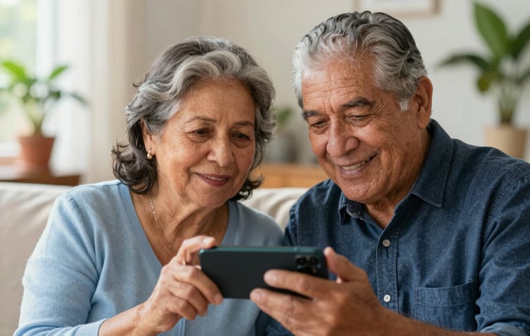 A close-up photograph of an elderly Latinoamericano couple in a bright, sunlit living room. They are looking at a smartphone together, smiling with expressions of relief and trust. The atmosphere is warm and secure. The woman wears a soft light blue sweater, and the man wears a dark blue shirt. Soft focus background with house plants and warm sunlight.