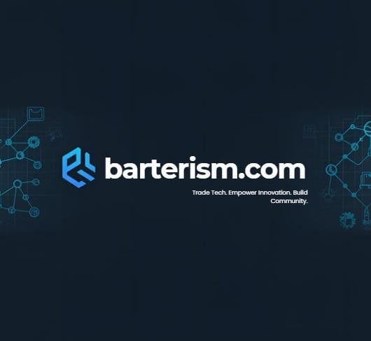 a dark blue and white logo with the word,'bartersm com '