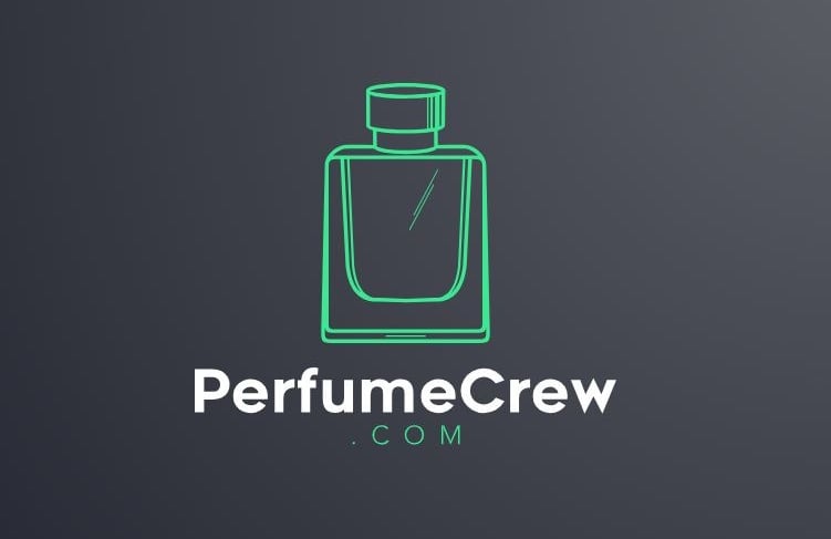 perfume crew green bottle with darh gray background and domain name perfume crew . com