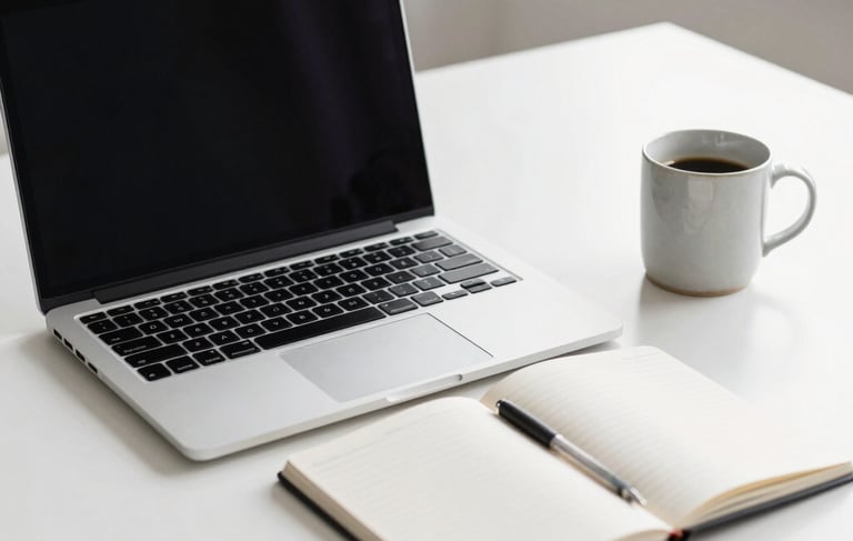 A high-end, minimalist photography of a creative studio desk in a North American / US office setting. A silver laptop, a clean white notebook, and a ceramic mug sit on a bright white surface. Soft, natural morning light creates a professional yet approachable mood. The composition is clean and premium, emphasizing a modern workflow.