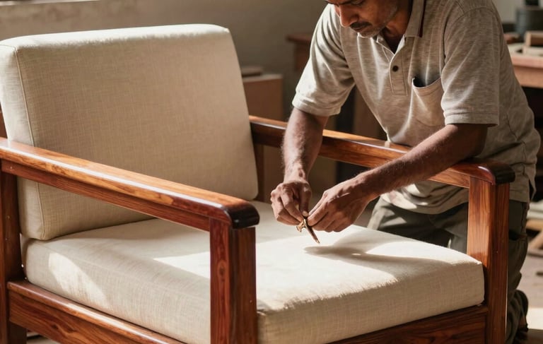 A skilled South Asian craftsman in a sunlit Siliguri workshop, meticulously repairing a premium wooden sofa frame. The scene features deep reddish-brown wood and cream fabric accents, highlighting traditional craftsmanship and professional quality in a warm, inviting setting.