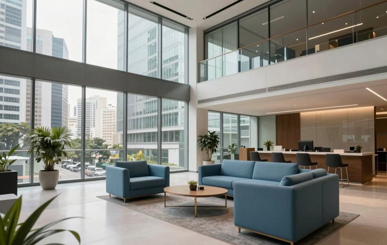 A clean, high-end corporate office lobby in São Paulo, Brazil, featuring modern glass architecture, minimalist furniture in sky blue and muted blue tones, and a professional, welcoming atmosphere under soft, natural morning light.