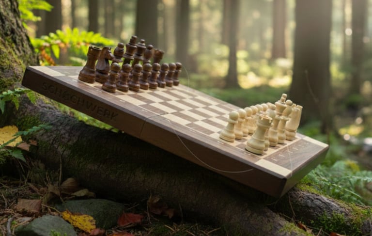 A wooden chess set balanced on a mossy tree root in a sunlit forest.