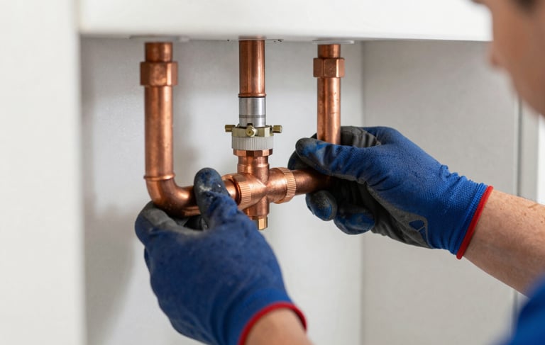 A close-up photograph of professional plumbing work in a North American / US - Florida home, showing high-quality copper piping and clean installations against a bright background, with a modern and reliable feel using orange and deep blue color accents.
