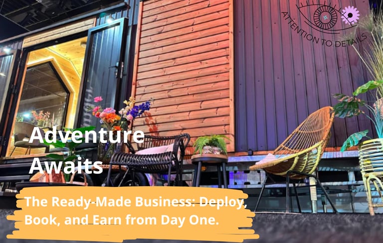 Tiny house terrace with chairs, table and flowers