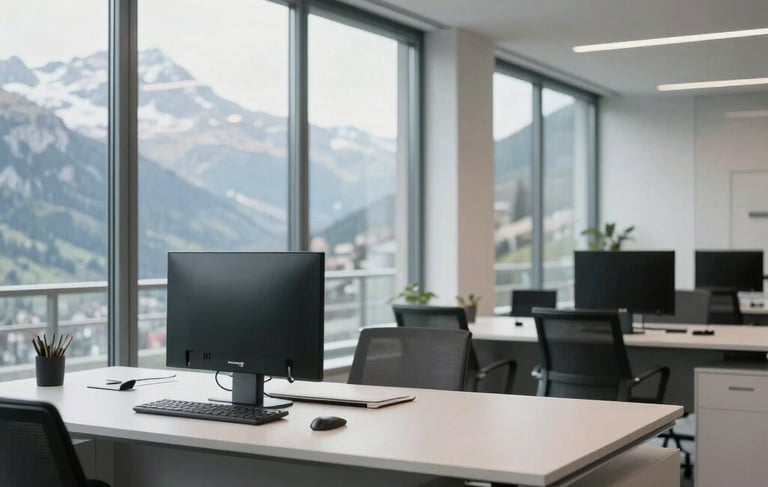 Interior shot of a modern professional office space in Valais, Switzerland, with large glass windows showing a hint of the Alps. The foreground features a perfectly clean and organized workspace with a minimalist desk. The lighting is bright and natural, reflecting professional quality and meticulous attention to detail. Palette colors include light gray and off white.