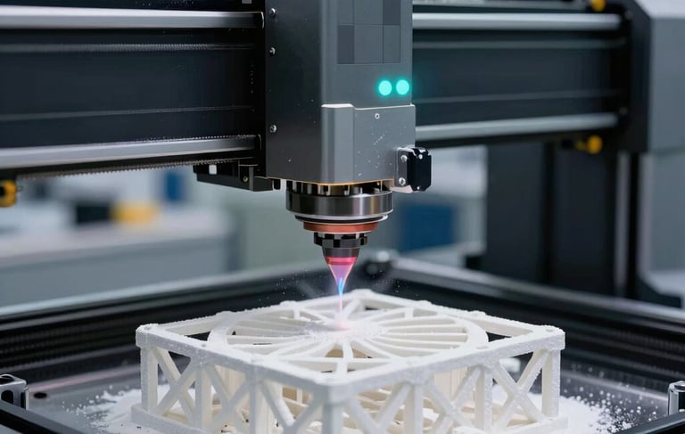 A detailed macro photograph of a professional industrial 3D printer in a bright, modern North American manufacturing facility. A precision laser prints a complex lattice structure from white powder. The background features high-tech equipment in dark gray and charcoal tones, with soft cyan glowing indicators. Professional and technical atmosphere.
