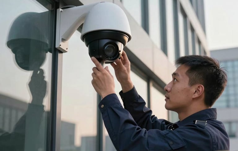 High-end photography of a professional security technician in a dark navy blue uniform carefully installing a modern black dome CCTV camera on the exterior of a sleek, glass-fronted North American corporate building. Soft afternoon sunlight highlights the metallic texture of the camera. Premium, clean composition.