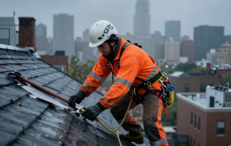A high-action photograph of a professional roofing contractor wearing a safety harness and orange high-visibility gear, repairing a residential roof in New York City during a stormy evening. The lighting is cinematic, highlighting the roofer's focus and the urgency of the repair, with the Manhattan skyline faintly visible in the misty background. North American / US.