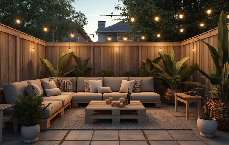 backyard oasis seating string lights