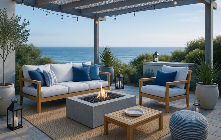 Coastal patio with a modern sofa, square concrete fire pit, wood furniture, and ocean backdrop.