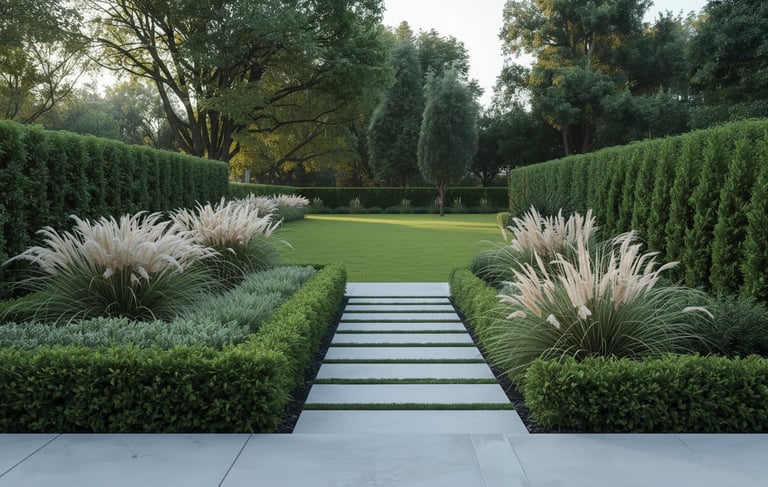 A modern garden pathway bordered by ornamental grasses, low hedges, and structured greenery leading