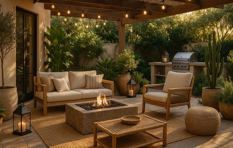 Warm outdoor seating area under a pergola with string lights, a modern fire pit, and neutral cushion